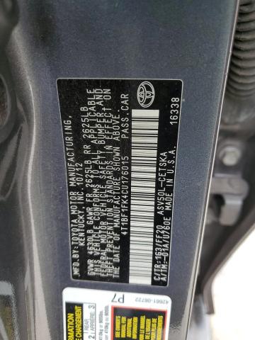 4T1BF1FK4CU176015 - 2012 TOYOTA CAMRY BASE GRAY photo 12