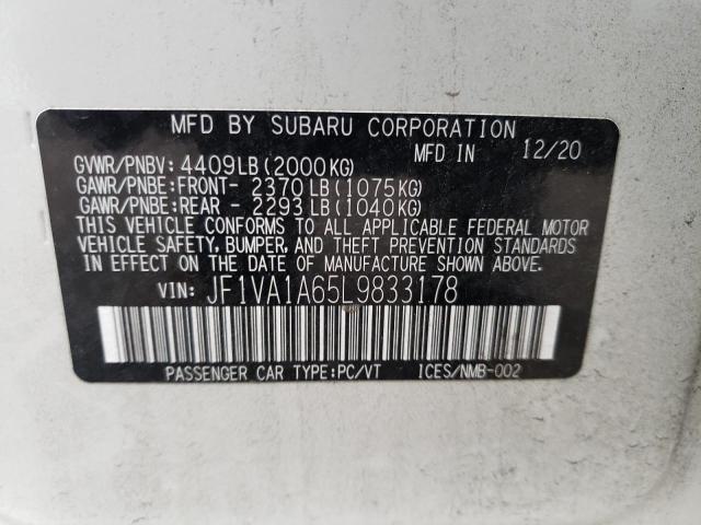 JF1VA1A65L9833178 - 2020 SUBARU WRX WHITE photo 12