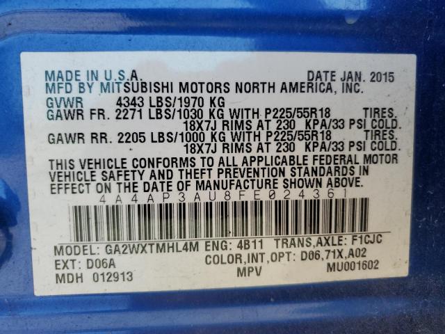 4A4AP3AU8FE024361 - 2015 MITSUBISHI OUTLANDER ES BLUE photo 14