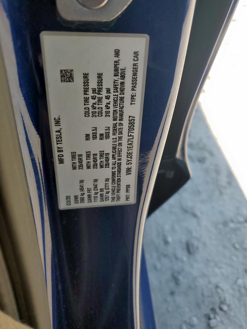 5YJ3E1EA7LF705857 - 2020 TESLA MODEL 3 ლურჯი ფოტო 12