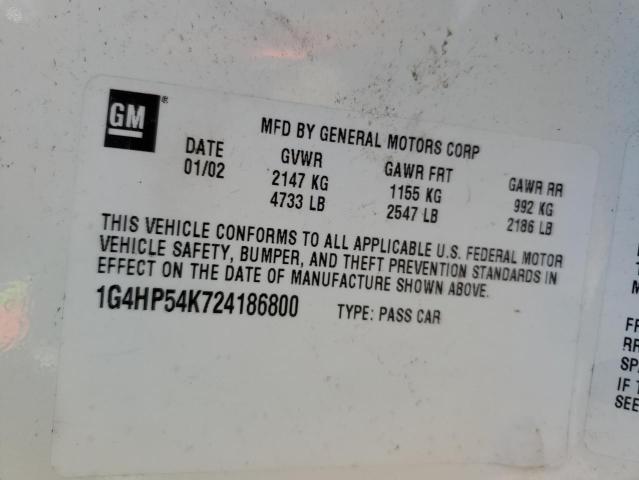 1G4HP54K724186800 - 2002 BUICK LESABRE CUSTOM WHITE photo 12