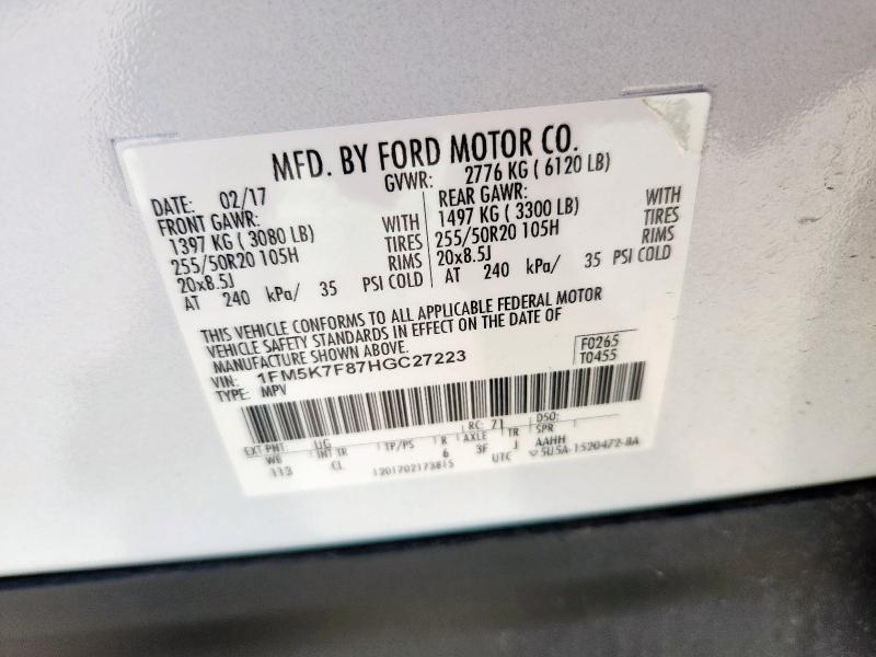 1FM5K7F87HGC27223 - 2017 FORD EXPLORER LIMITED თეთრი ფოტო 13