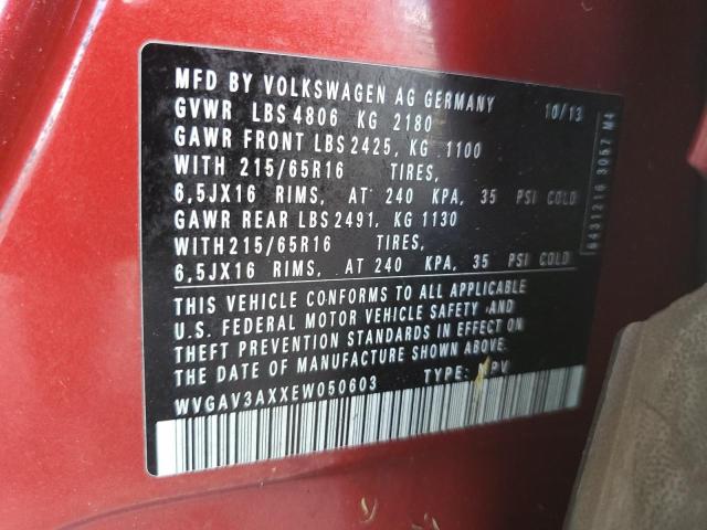 WVGAV3AXXEW050603 - 2014 VOLKSWAGEN TIGUAN S RED photo 14