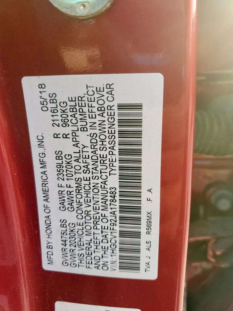 1HGCV1F92JA178483 - 2018 HONDA ACCORD TOURING RED photo 12
