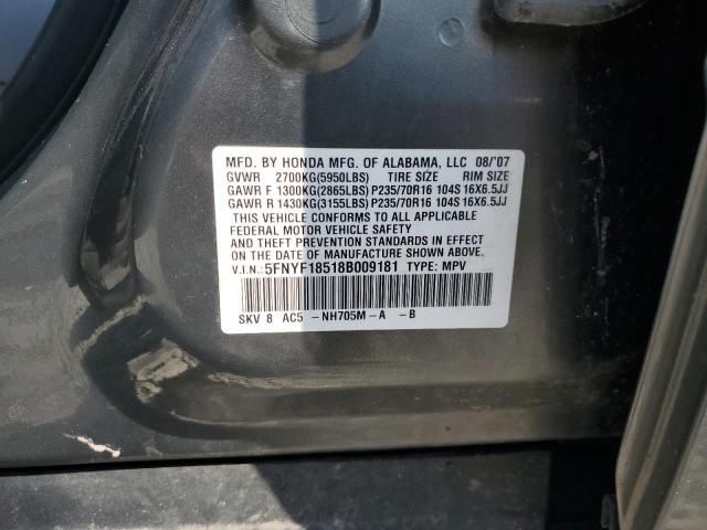 5FNYF18518B009181 - 2008 HONDA PILOT EXL GRAY photo 13