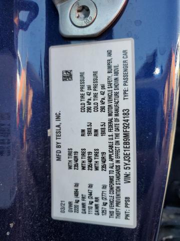 5YJ3E1EB9MF924183 - 2021 TESLA MODEL 3 Կապույտ լուսանկար 12