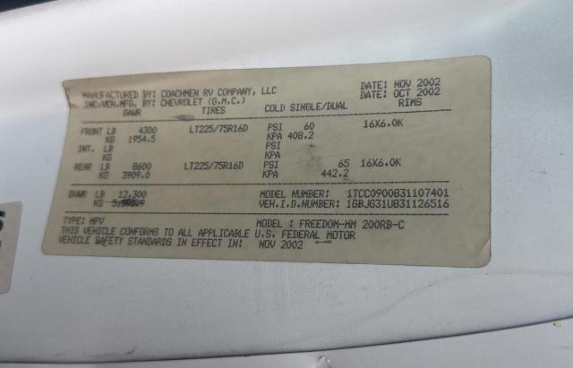 1GBJG31U831126516 - 2003 CHEVROLET EXPRESS G3 WHITE photo 10