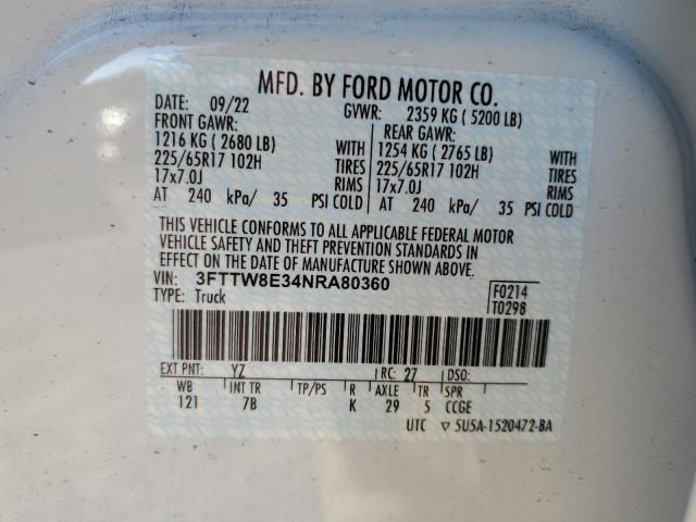 3FTTW8E34NRA80360 - 2022 FORD MAVERICK XL WHITE photo 13