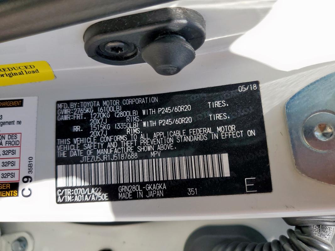 JTEZU5JR1J5187688 - 2018 TOYOTA 4RUNNER SR5 白色 照片 13