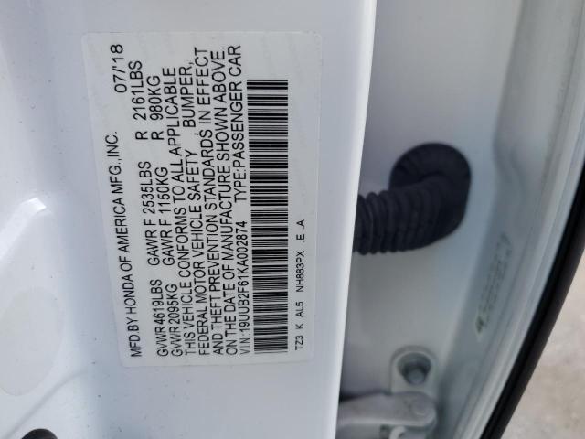 19UUB2F61KA002874 - 2019 ACURA TLX TECHNOLOGY WHITE photo 13
