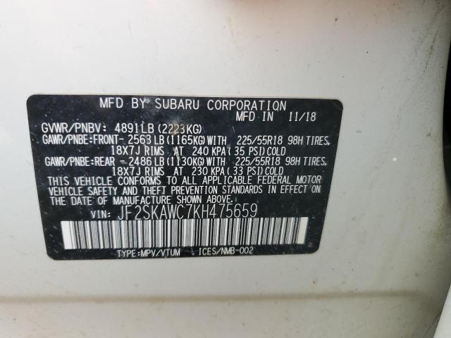 JF2SKAWC7KH475659 - 2019 SUBARU FORESTER TOURING WHITE photo 13