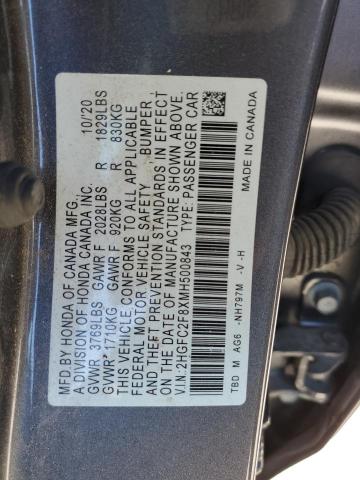 2HGFC2F8XMH500843 - 2021 HONDA CIVIC SPORT ნაცრისფერი ფოტო 12