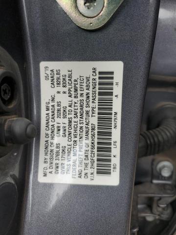 2HGFC2F66KH567807 - 2019 HONDA CIVIC LX ნაცრისფერი ფოტო 13