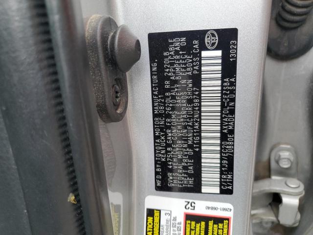 4T1G11AK2NU498747 - 2022 TOYOTA CAMRY SE SILVER photo 12