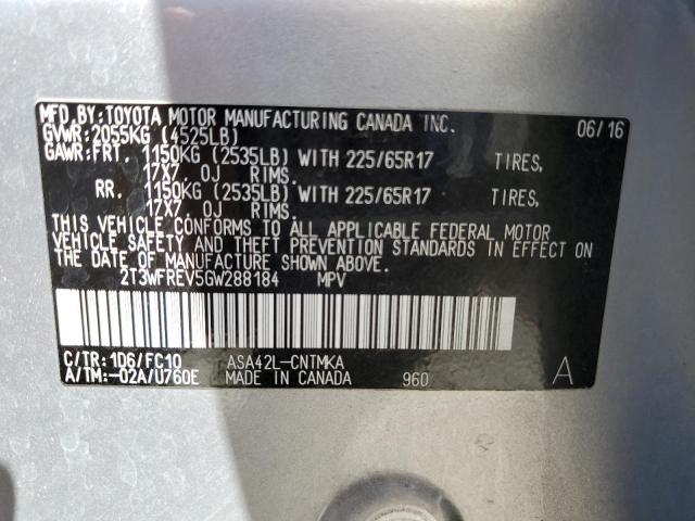 2T3WFREV5GW288184 - 2016 TOYOTA RAV4 XLE SILVER photo 12