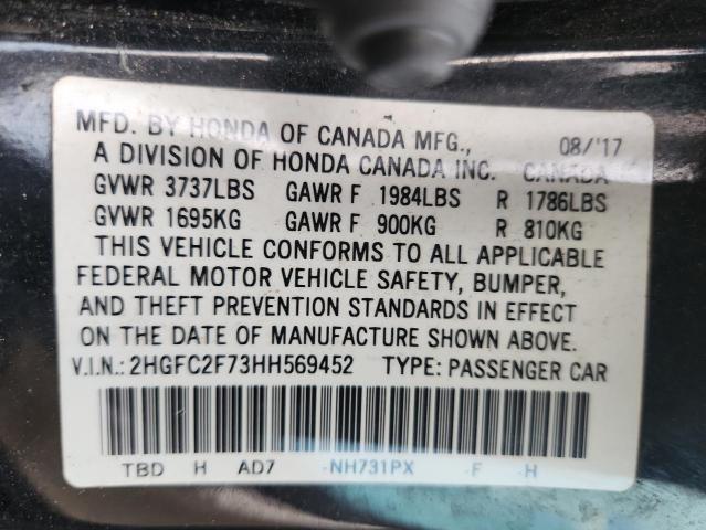 2HGFC2F73HH569452 - 2017 HONDA CIVIC EX BLACK photo 12