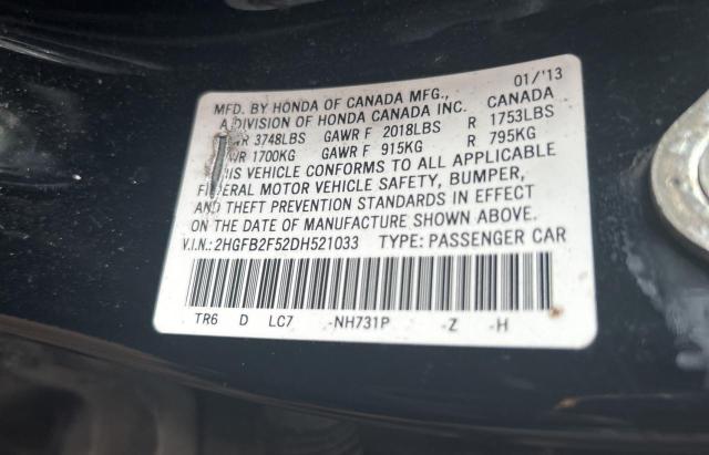 2HGFB2F52DH521033 - 2013 HONDA CIVIC LX BLACK photo 10