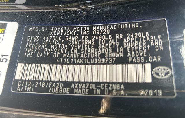 4T1C11AK1LU999737 - 2020 TOYOTA CAMRY LE BLACK photo 10