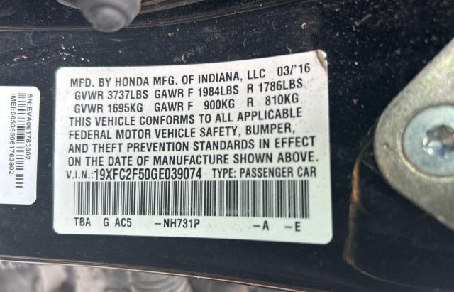 19XFC2F50GE039074 - 2016 HONDA CIVIC LX BLACK photo 10