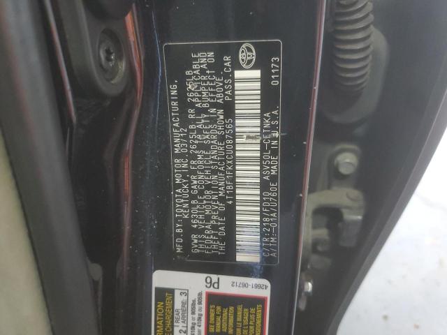 4T1BF1FKXCU087565 - 2012 TOYOTA CAMRY BASE BLACK photo 12