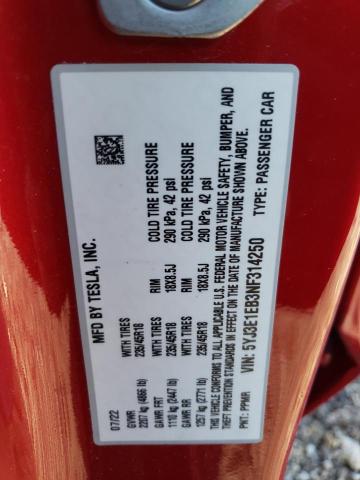 5YJ3E1EB3NF314250 - 2022 TESLA MODEL 3 RED photo 12