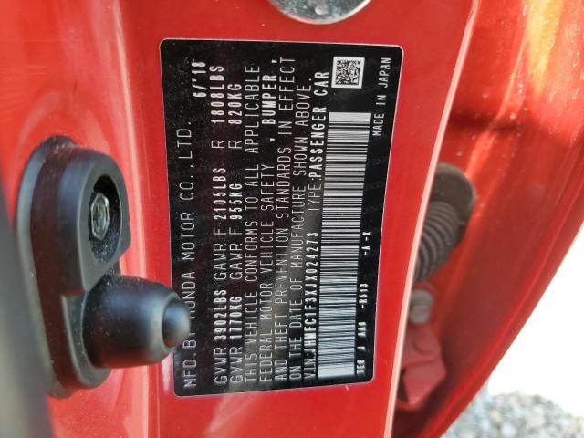 JHMFC1F3XJX024273 - 2018 HONDA CIVIC EX Կարմիր լուսանկար 12