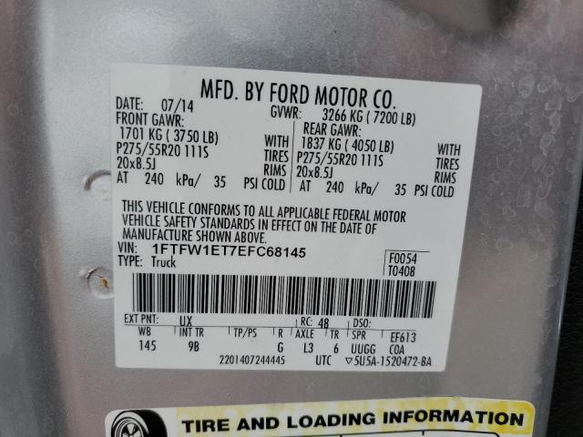 1FTFW1ET7EFC68145 - 2014 FORD F150 SUPERCREW SILVER photo 13