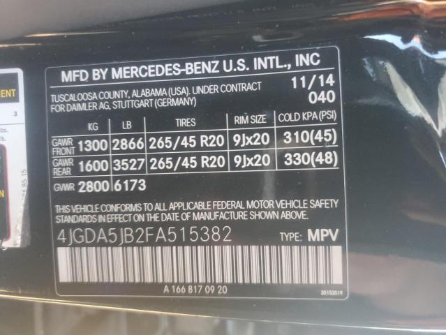 4JGDA5JB2FA515382 - 2015 MERCEDES-BENZ ML 350 BLACK photo 12