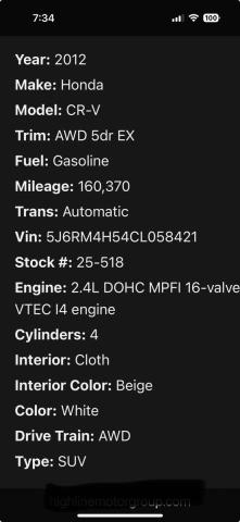 5J6RM4H54CL058XXX - 2012 HONDA CR-V EX WHITE photo 10