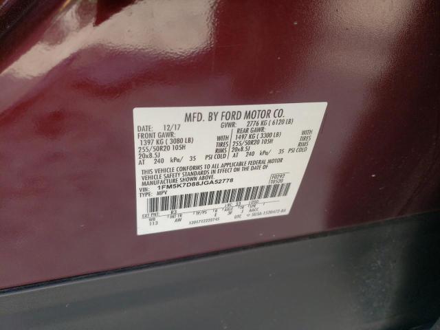 1FM5K7D88JGA52778 - 2018 FORD EXPLORER XLT MAROON photo 13