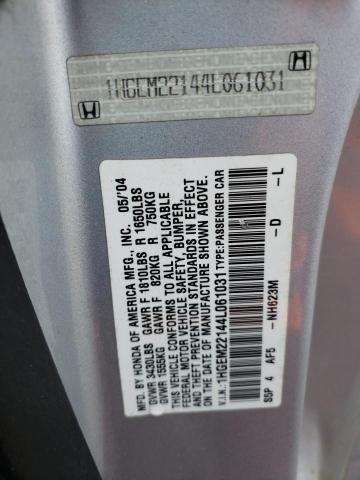 1HGEM22144L061031 - 2004 HONDA CIVIC DX VP SILVER photo 12