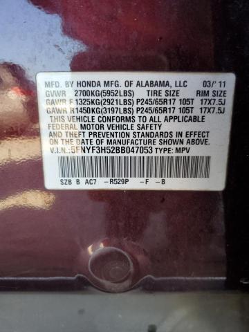 5FNYF3H52BB047053 - 2011 HONDA PILOT EXL Bordo foto 13