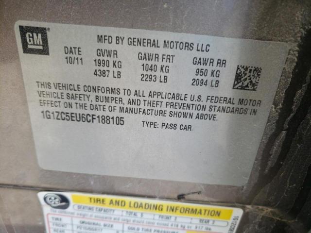 1G1ZC5EU6CF188105 - 2012 CHEVROLET MALIBU 1LT GRAY photo 10