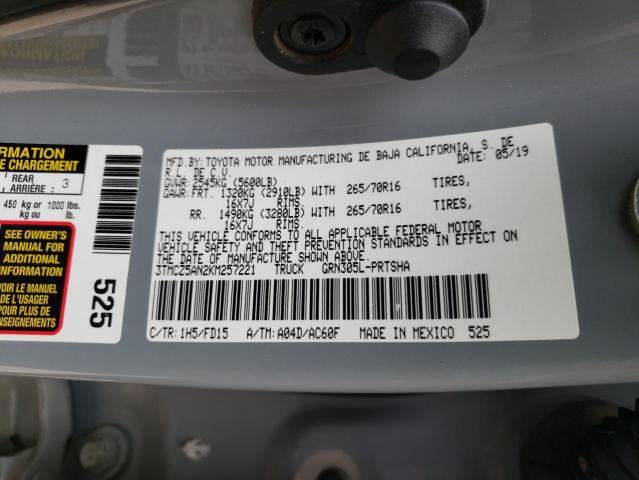 3TMCZ5AN2KM257221 - 2019 TOYOTA TACOMA DOUBLE CAB Сірий фото 13