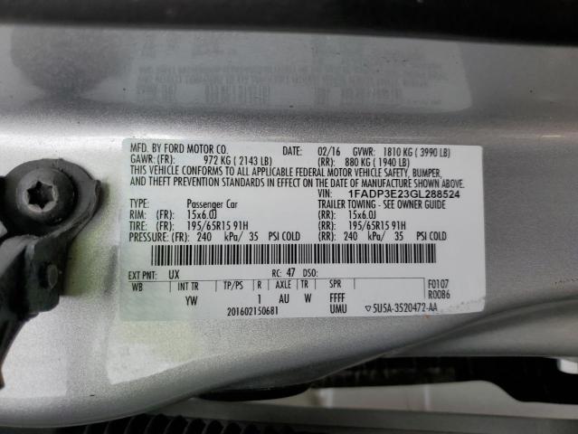 1FADP3E23GL288524 - 2016 FORD FOCUS S SILVER photo 12