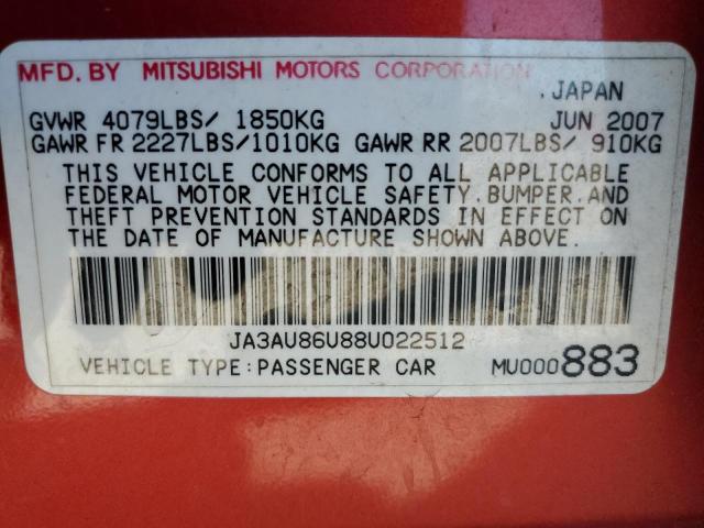 JA3AU86U88U022512 - 2008 MITSUBISHI LANCER GTS RED photo 12