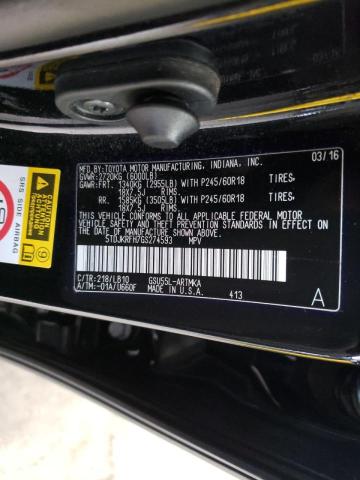 5TDJKRFH7GS274593 - 2016 TOYOTA HIGHLANDER XLE BLACK photo 10