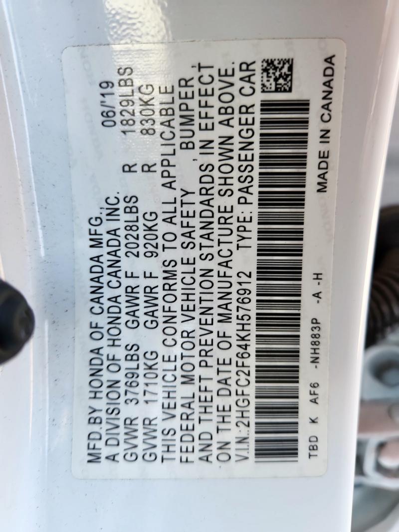 2HGFC2F64KH576912 - 2019 HONDA CIVIC LX Beyaz fotoğraf 12