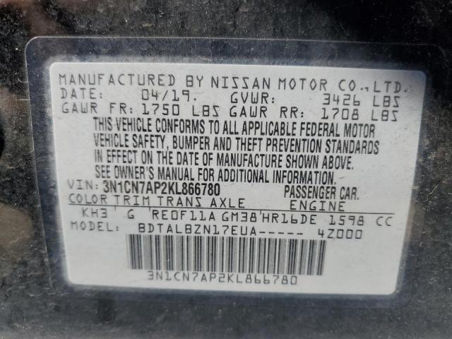 3N1CN7AP2KL866780 - 2019 NISSAN VERSA S Siyah fotoğraf 12