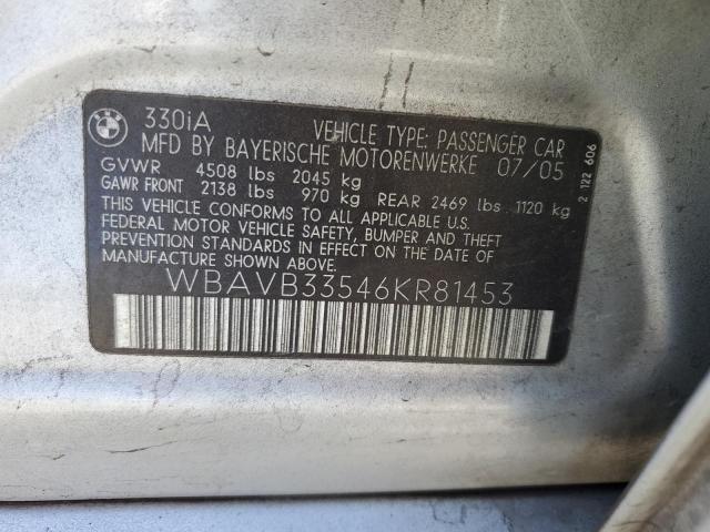 WBAVB33546KR81453 - 2006 BMW 330 I SILVER photo 12