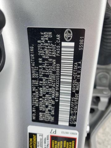 4T1BF1FKXCU599889 - 2012 TOYOTA CAMRY BASE SILVER photo 12