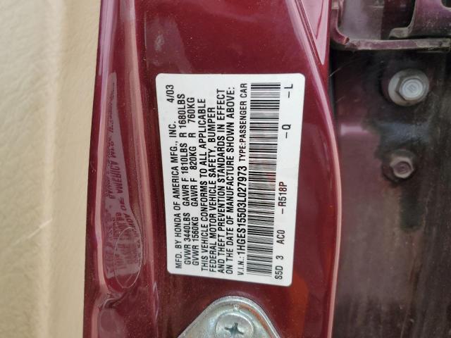 1HGES15503L027973 - 2003 HONDA CIVIC LX BURGUNDY photo 12