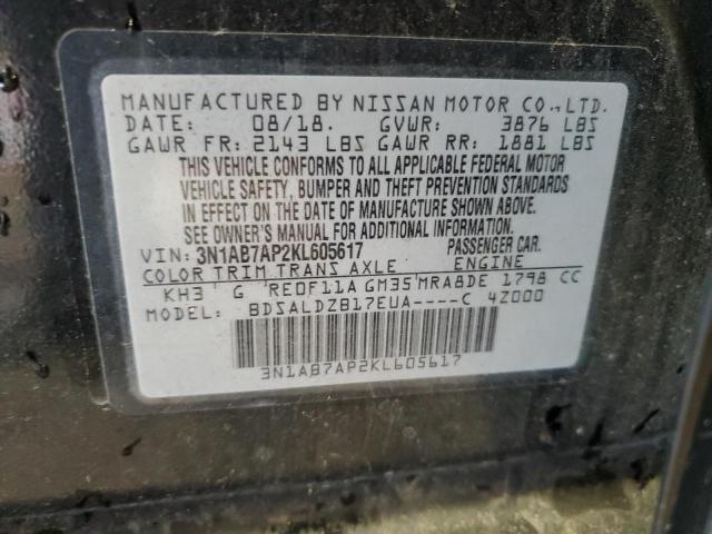 3N1AB7AP2KL605617 - 2019 NISSAN SENTRA S BLACK photo 12