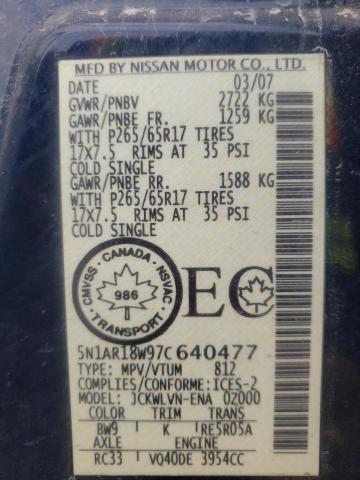 5N1AR18W97C640477 - 2007 NISSAN PATHFINDER LE 蓝色 照片 13