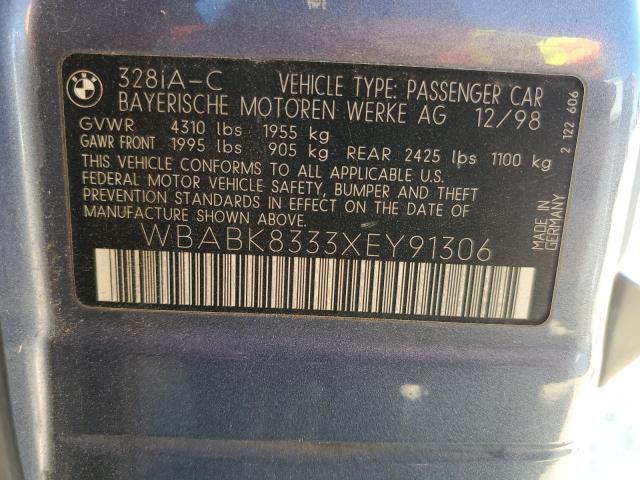 WBABK8333XEY91306 - 1999 BMW 328 IC AUTOMATIC BLUE photo 12