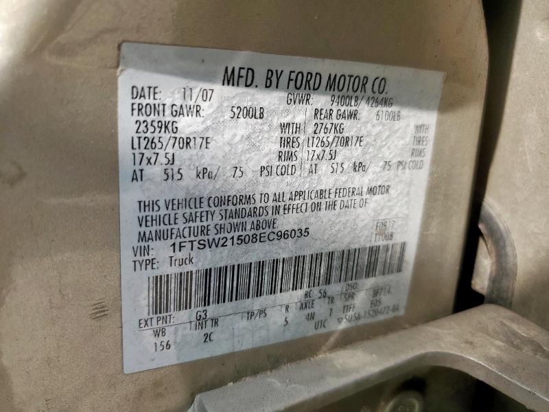 1FTSW21508EC96035 - 2008 FORD F250 SUPER DUTY Altın fotoğraf 12