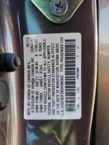 2HGFB2F5XDH585563 - 2013 HONDA CIVIC LX ნაცრისფერი ფოტო 12