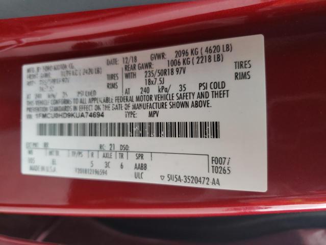 1FMCU0HD9KUA74694 - 2019 FORD ESCAPE SEL Қызыл фото 13