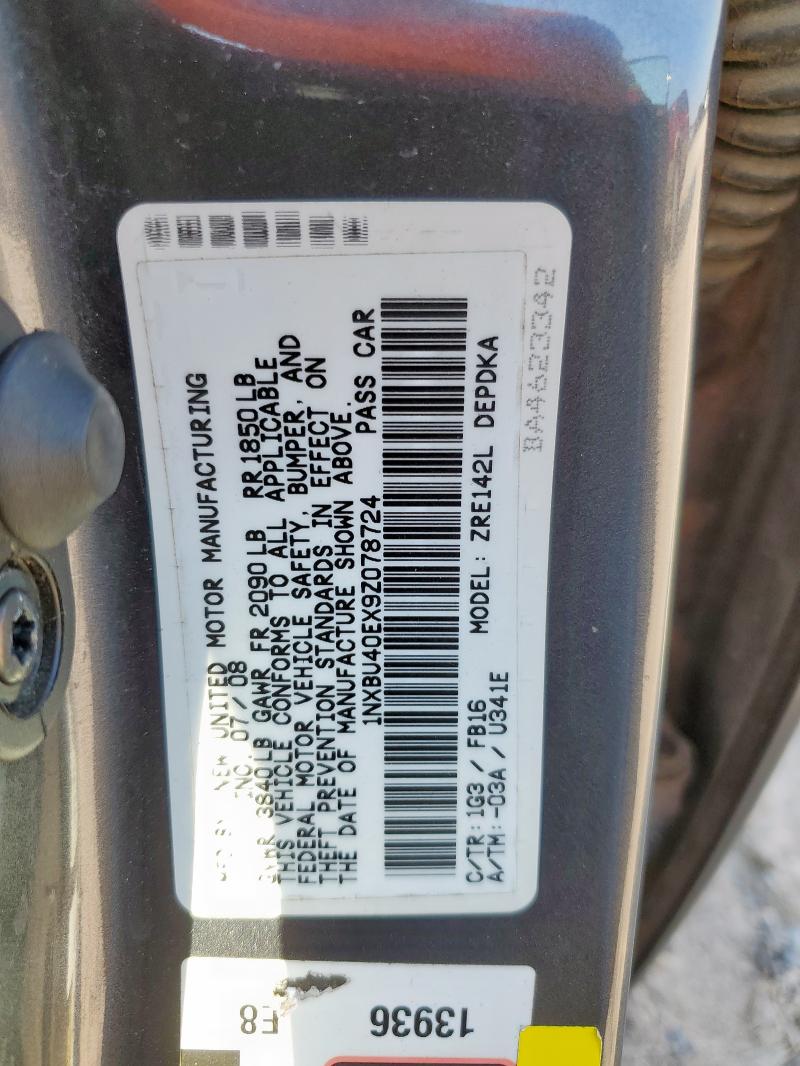 1NXBU40EX9Z078724 - 2009 TOYOTA COROLLA BASE GRAY photo 12