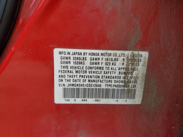 JHMGK5H51GS012645 - 2016 HONDA FIT LX RED photo 13